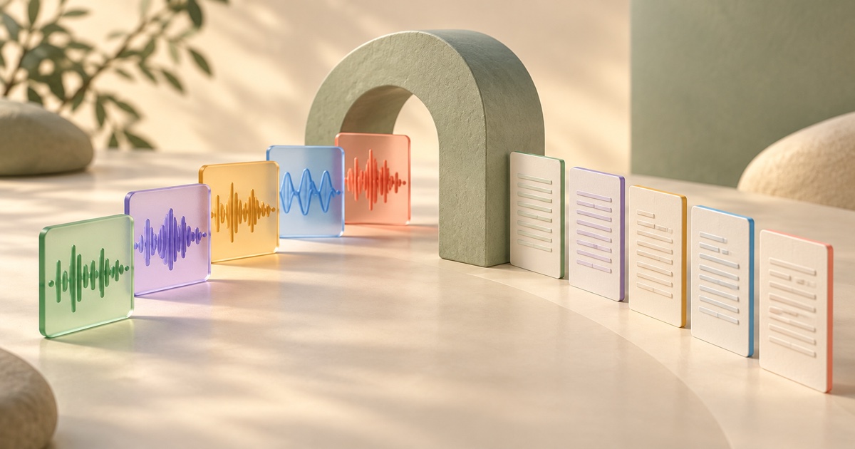 A queue of colourful audio cards leads to separate transcript documents on a warm ivory background.