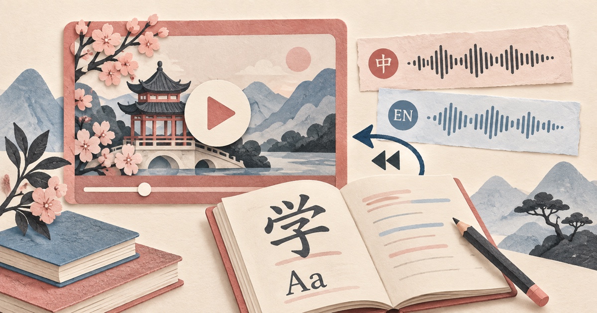 Paper-art Chinese-English study scene with a tutorial video, learning notebook, and replay symbol.