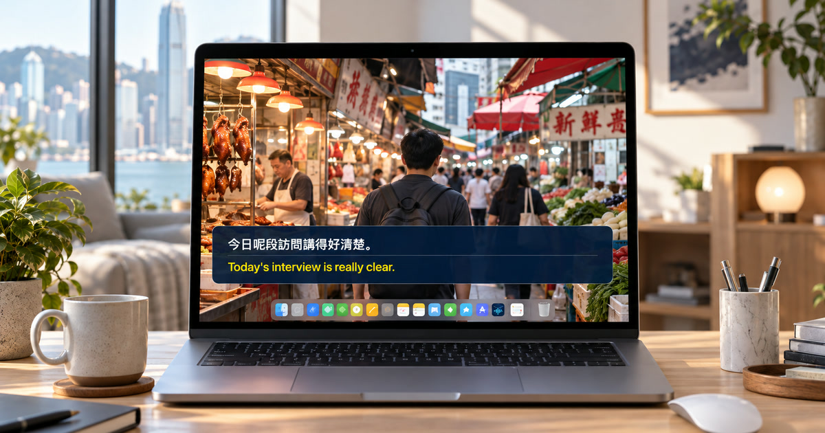 Ein MacBook zeigt ein Video von einem Markt in Hongkong mit kantonesisch-englischen Alison-Workspace-Untertiteln und App-Symbol im Dock.