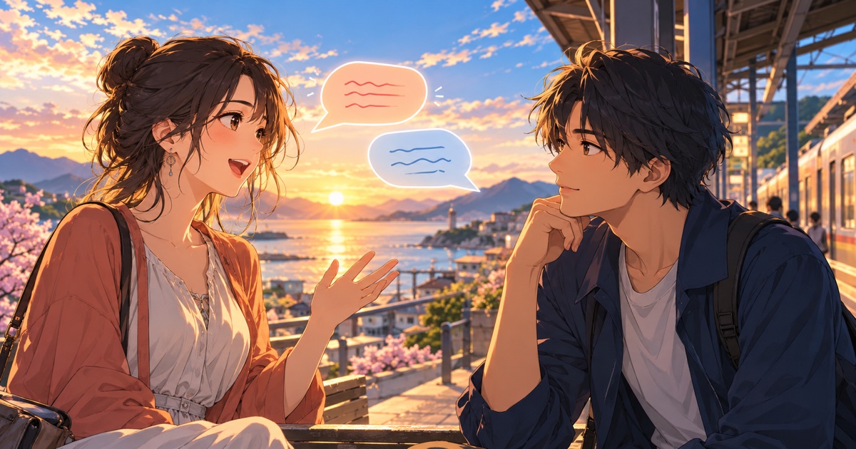 Due personaggi anime originali parlano al tramonto accanto a fumetti accoppiati che rappresentano dialogo e traduzione.