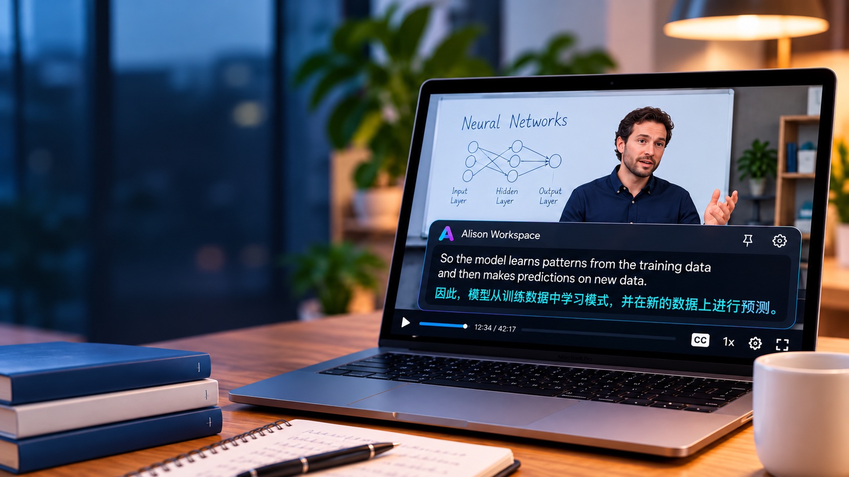 Eine englische Vorlesung mit chinesischen Live-Untertiteln auf einem Mac.