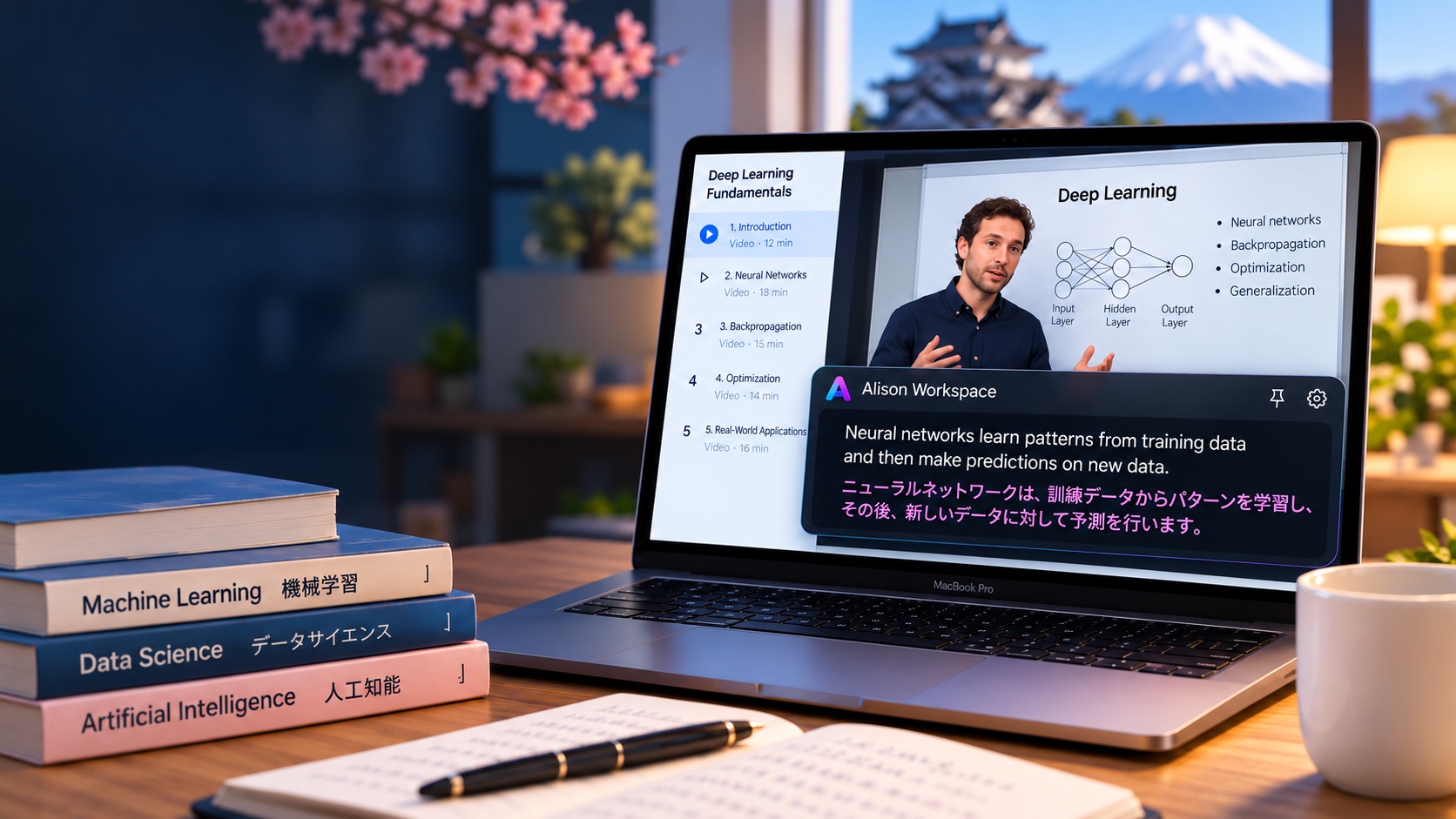 Illustration of English lecture audio with live Japanese captions on a Mac.