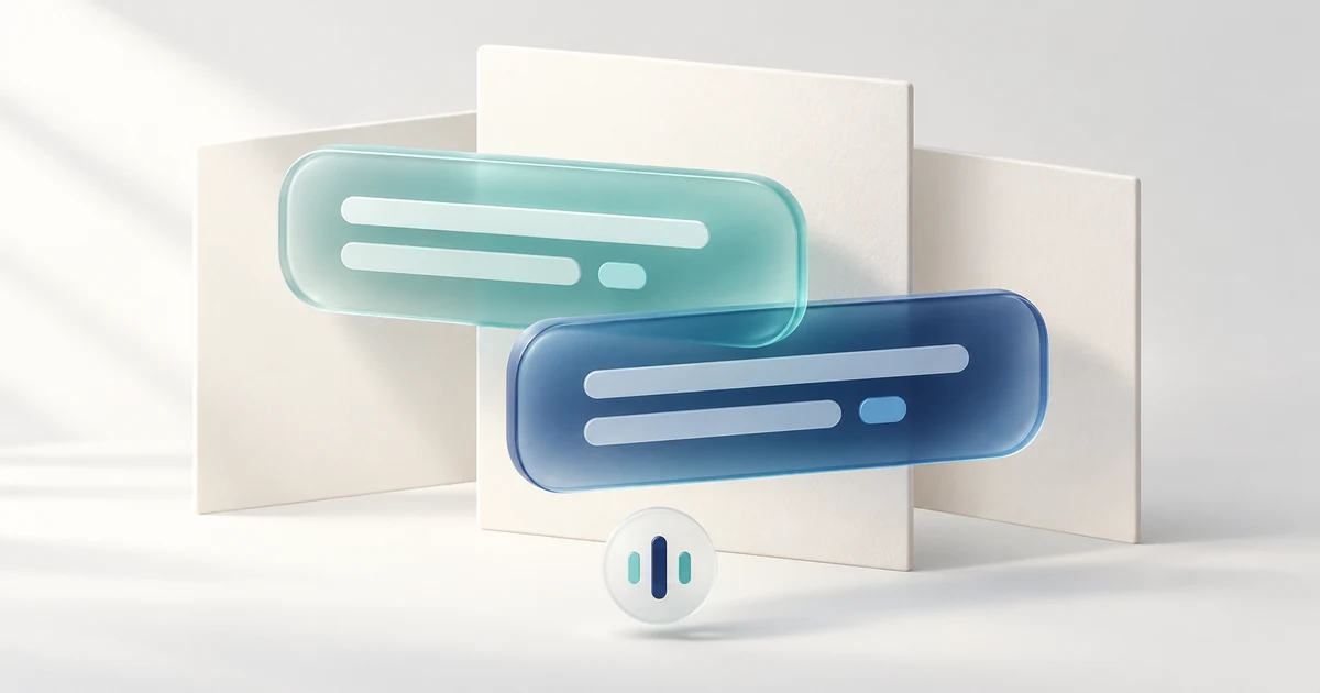 Translucent caption ribbons floating in front of overlapping abstract window planes.