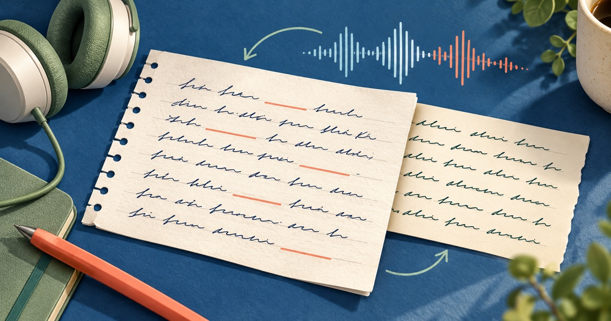 توجد ملاحظات المتعلم مع مساحات فارغة بجانب شكل الموجة الصوتية وورقة نص ثانية لتمرين الإملاء السمعي.