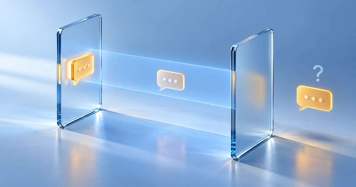 Two abstract glass frames with a caption ribbon beside a beam representing a screen-sharing boundary.