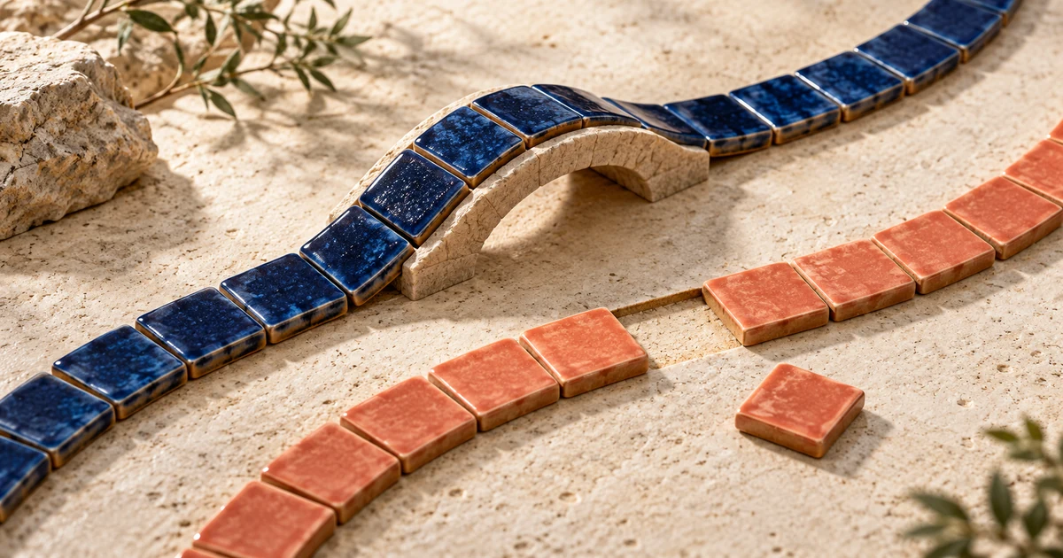 Two parallel lines of ceramic tiles, with a gap and a matching tile beside the second line.