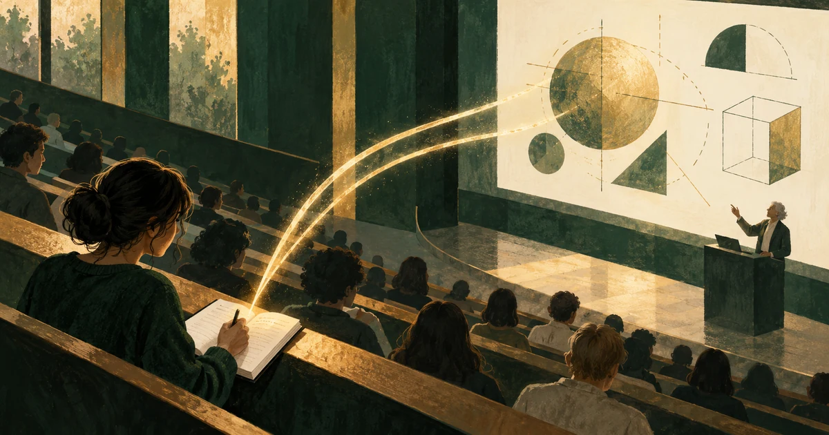 A learner in a university lecture theatre with a notebook and two parallel abstract language lines.
