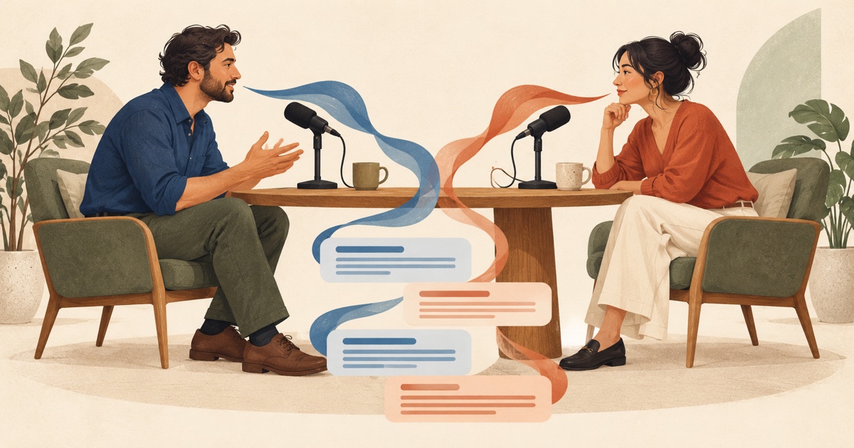 Zwei Interviewteilnehmer stehen sich gegenüber, wobei blaue und terrakottafarbene Stimmbänder zu abwechselnden Absätzen der Transkription führen.