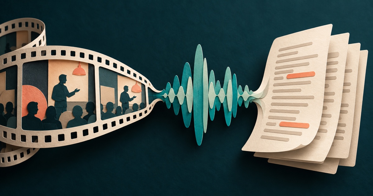 A paper filmstrip becomes an audio waveform and then layered transcript sheets against a deep teal background.