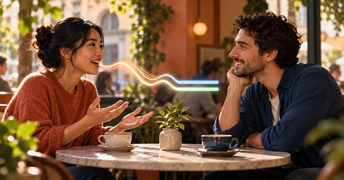 Two people talk face to face at a cafe as a sound ribbon becomes two caption lines.