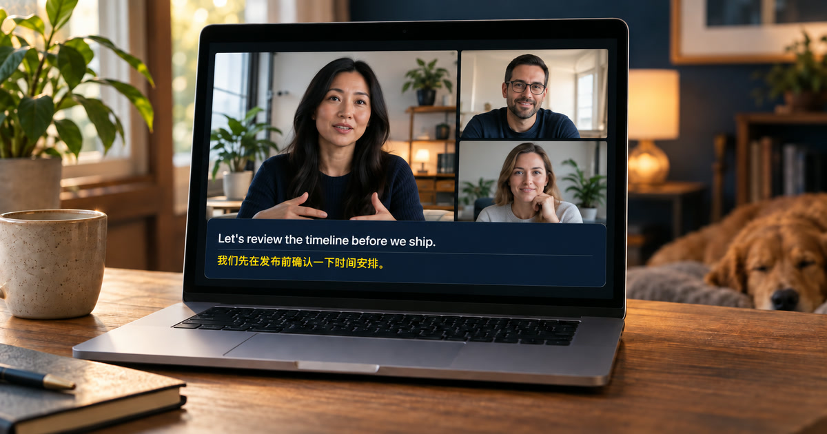 A recorded meeting playing on a Mac with bilingual personal captions and a visible playback timeline.