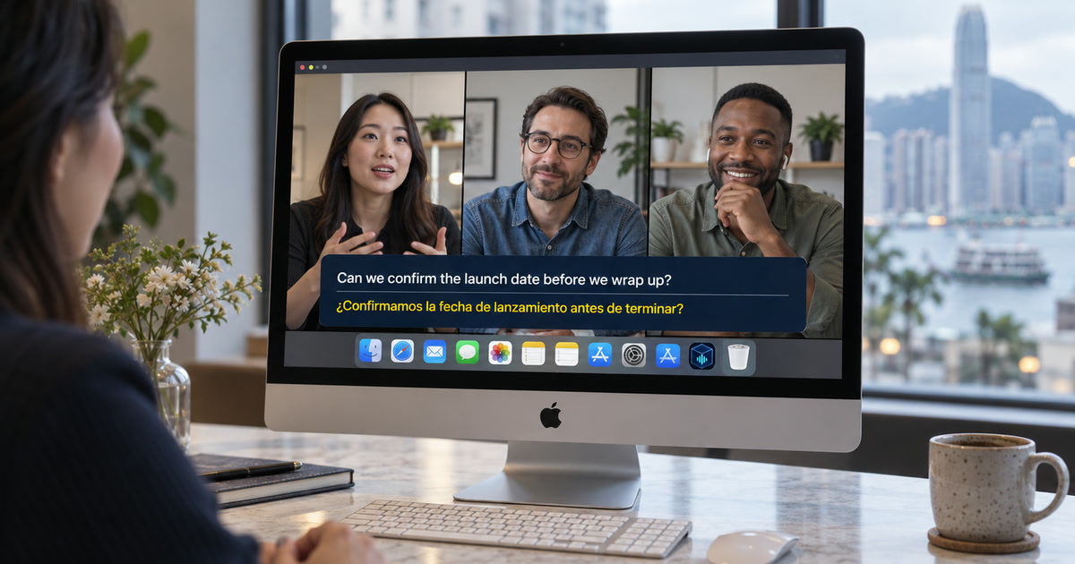 Un iMac affiche une visioconférence, des sous-titres Alison Workspace anglais-espagnol et l’icône de l’app dans le Dock.