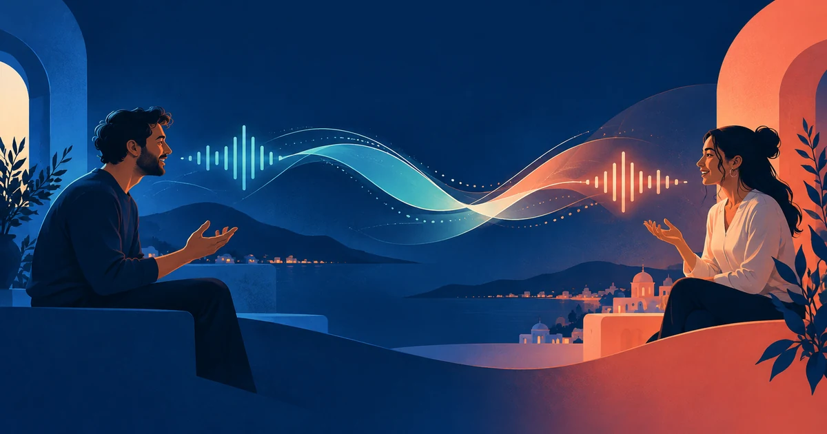 Two people exchange speech across a blue and coral sound ribbon, suggesting translated call captions.