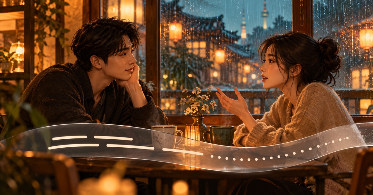 Dos personas conversan en un café iluminado por la lluvia, encima de una cinta de subtítulos abstractos que se desvanece en puntos inacabados.